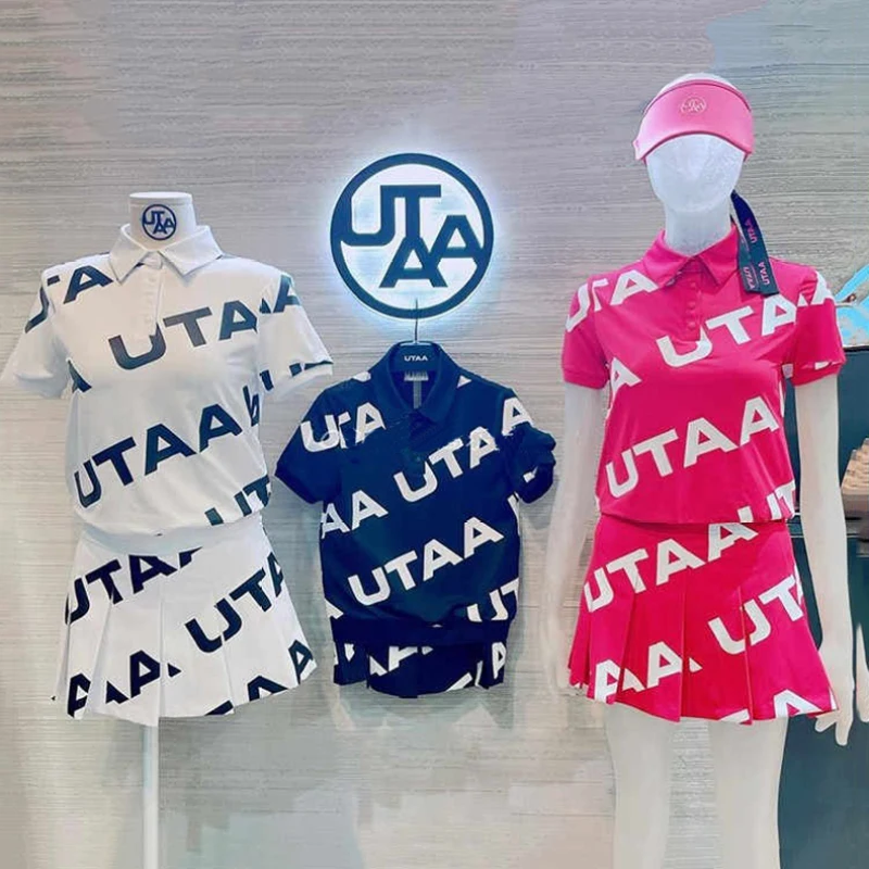 

Женский костюм для игры в гольф, оригинальный корейский костюм с принтом букв, отложным воротником, коротким рукавом и высокой талией, облег...