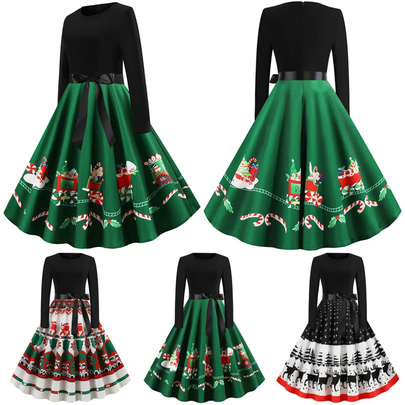 

Vintage Dress Women Long Sleeve Print Christmas Dress Winter Elegant Swing Party Dresses Robe Femme Casual A-line dress New