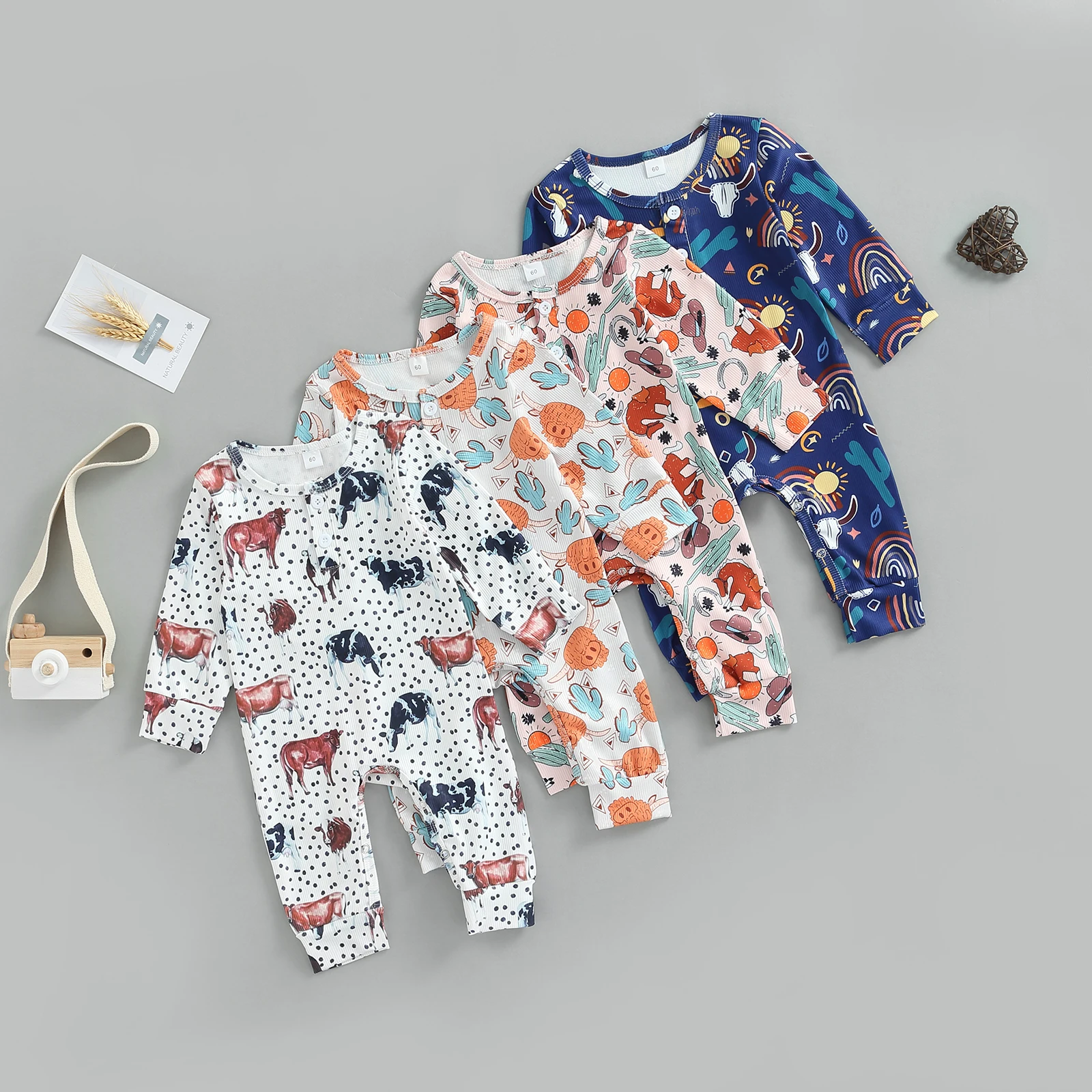 2022-06-29 Lioraitiin Autumn Baby Girls Boys Romper Cartoon Sun/Animal/Cactus Printing Long Sleeve Front Button Jumpsuit