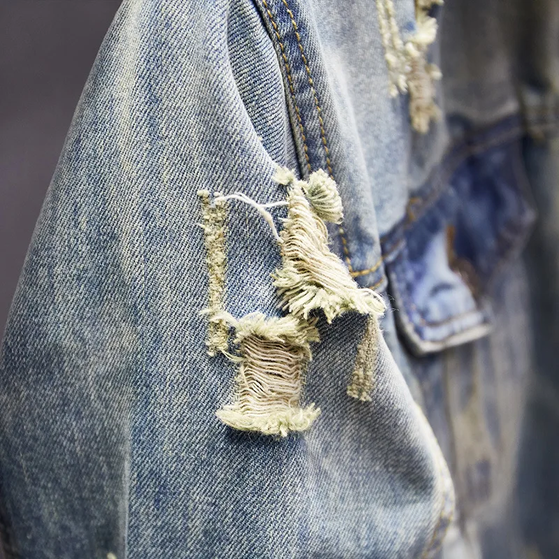 Куртка мужская рваная Джинсовая приталенный силуэт эластичная потертая стирка