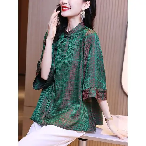 

Новинка 2023, элегантная женская жаккардовая рубашка в китайском стиле с воротником-стойкой