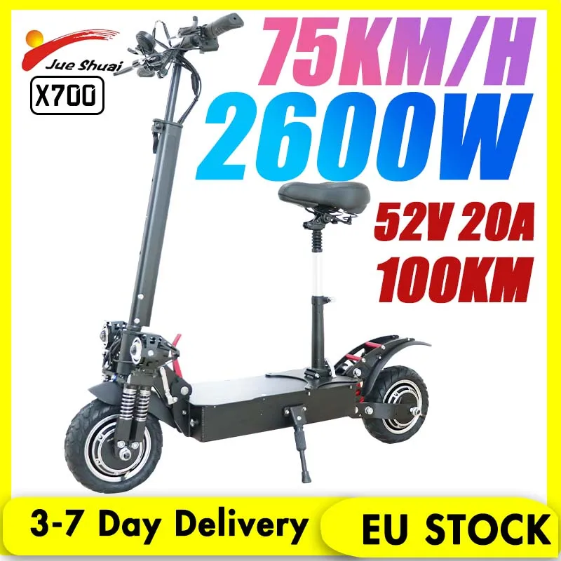 

70KM Long Range Powerful Electric Scooter 52V 2600W Dual Motor Folding E Scooter 20A Lithium Battery Patinete Elétrico Adullto