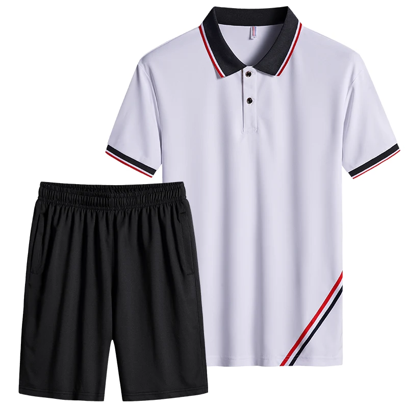 

KKSKY Summer Man 2 Piece Set Casual Men's Polo Striped Clothing Tracksuit T Shirts Men Running Sport Sets Black Shorts Oversized