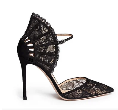 

Босоножки женские кружевные в форме веера с острым носком, пикантные черные туфли на шпильках с острым носком, вечерние модели, большой разм...
