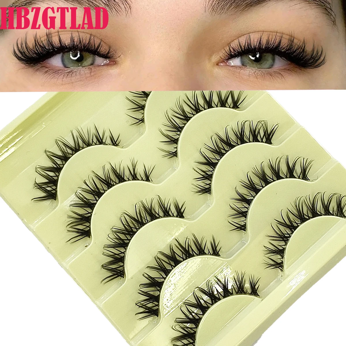 Фото HBZGTLAD 5 пар накладных ресниц Manga Lashes с прозрачной основой, натуральные, 6D, азиатские, пушистые, 3D, с эффектом пучков №2