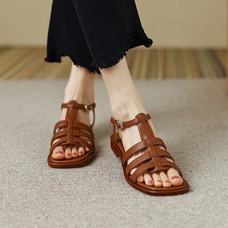 

2022 summer Women's sandals natural leather 22-24.5cm cowhide upper full leather sandals for women T-buckle roman shoes