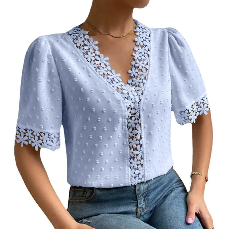 

Sweet Floral Chiffon Blouse V-neck Fashion Lace Shirts Summer 2023 Elegant Women Short Sleeve Tops Ladies Casual Clothes 25713