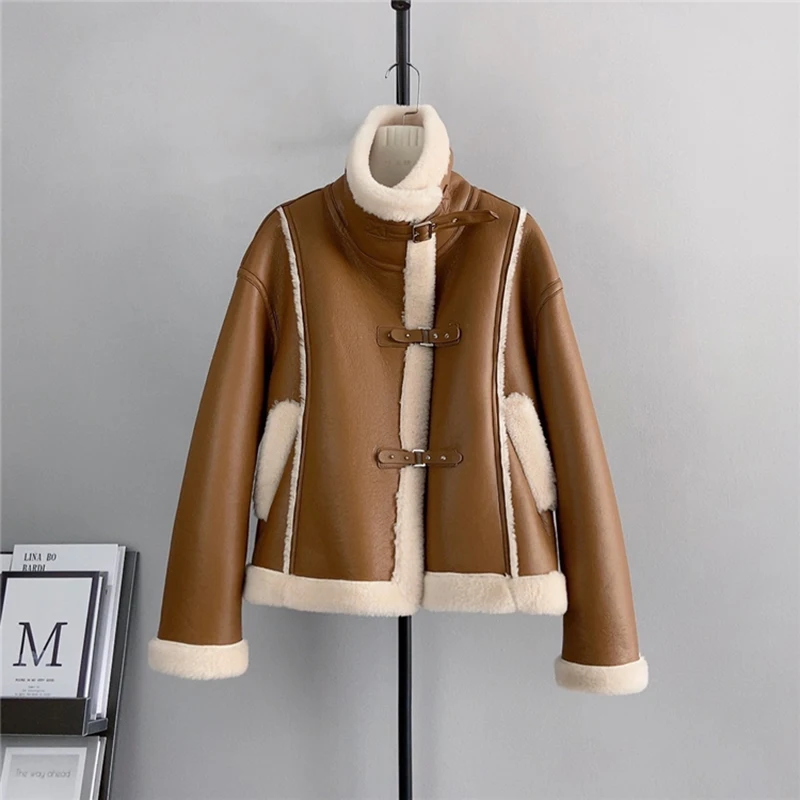 Кожаные пальто из натуральной овечьей шерсти женские зимние новые шикарные