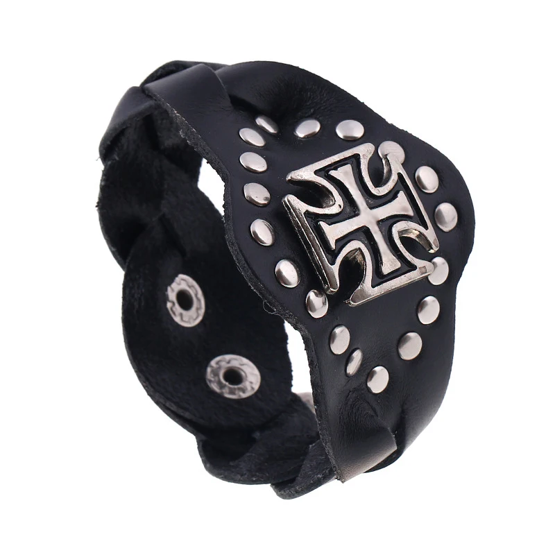 

Classic Style Alloy Cross Men Bracelet Genuine Leather Wide Bangles Handmade Braid Cowhide Wristband Friend Fashion Jewelry Gift