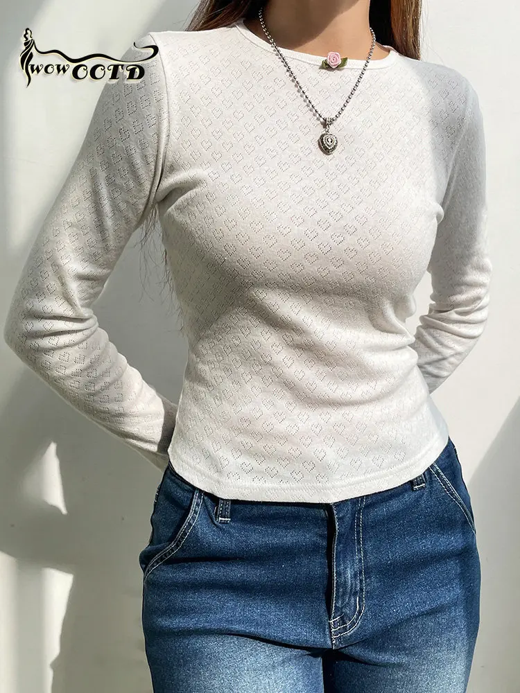 

WOWOOTD Jacquard Heart Hollow Out Knit White T Shirt Women Cute Kawaii Y2K Clothes Solid Simple O Neck Long Sleeve Basic Tees