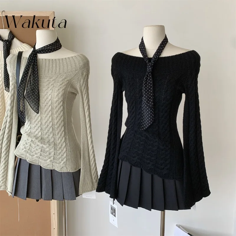 WAKUTA Retro Korean Gentle Wind One-line Collar Long-sleeved Knit Sweater Female Fall Youth Campus Style Slim Strapless Blouses