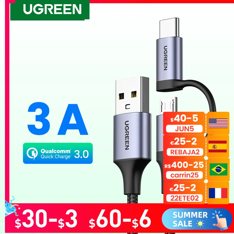 

Функциональный USB-кабель Ugreen 2 в 1 micro/type-C, длина 1м.