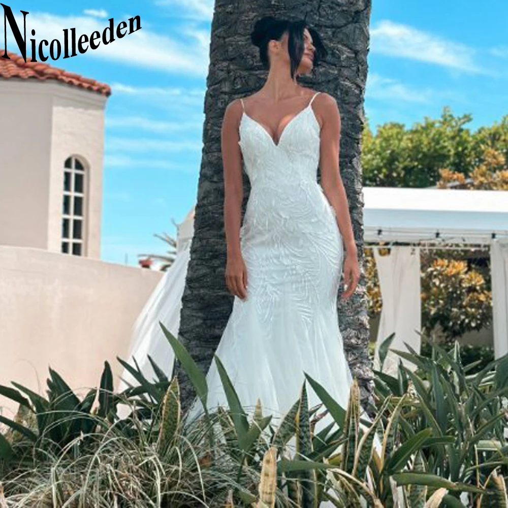 

Nicolle Charming V-Neck Wedding Dresses Appliques Backless Trumpet Spaghetti Straps Court Train Tulle Sleeveless Customised