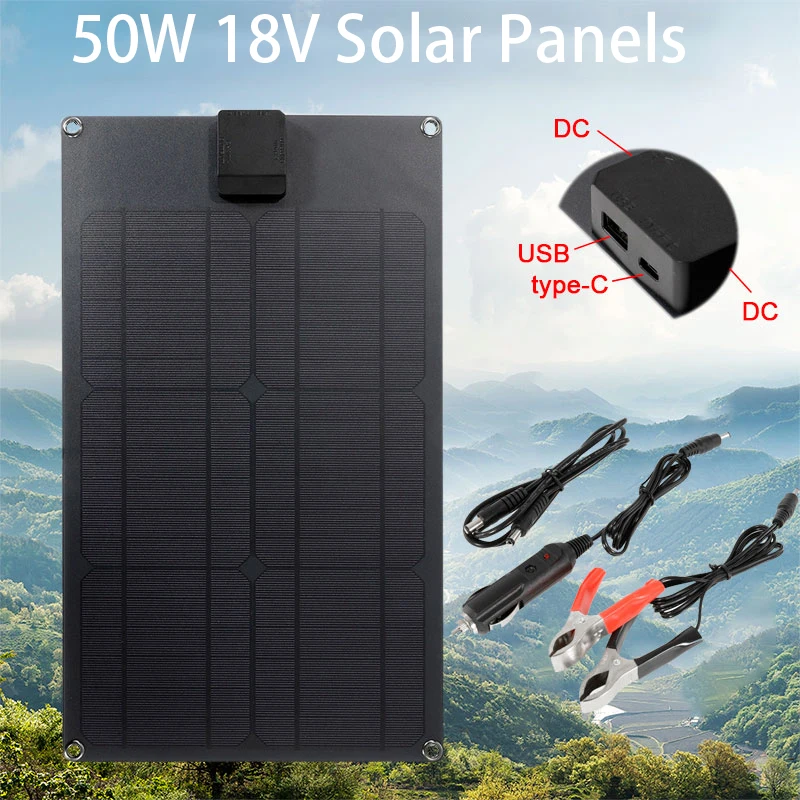 

18V 50W Solar Panel Portable USB+Type C Dual Port Battery Charger Solar Cell Board Car Charger for Phone Support Fast Charge