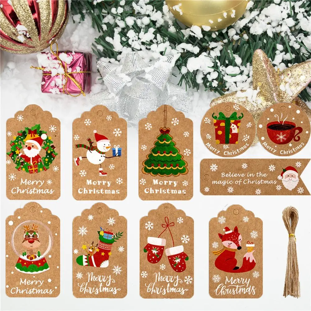 

48/50Pcs Merry Christmas Handmade Kraft Paper Tags DIY Gift Wrapping Paper Labels Santa Claus Hang Tag With Rope Wedding Favors