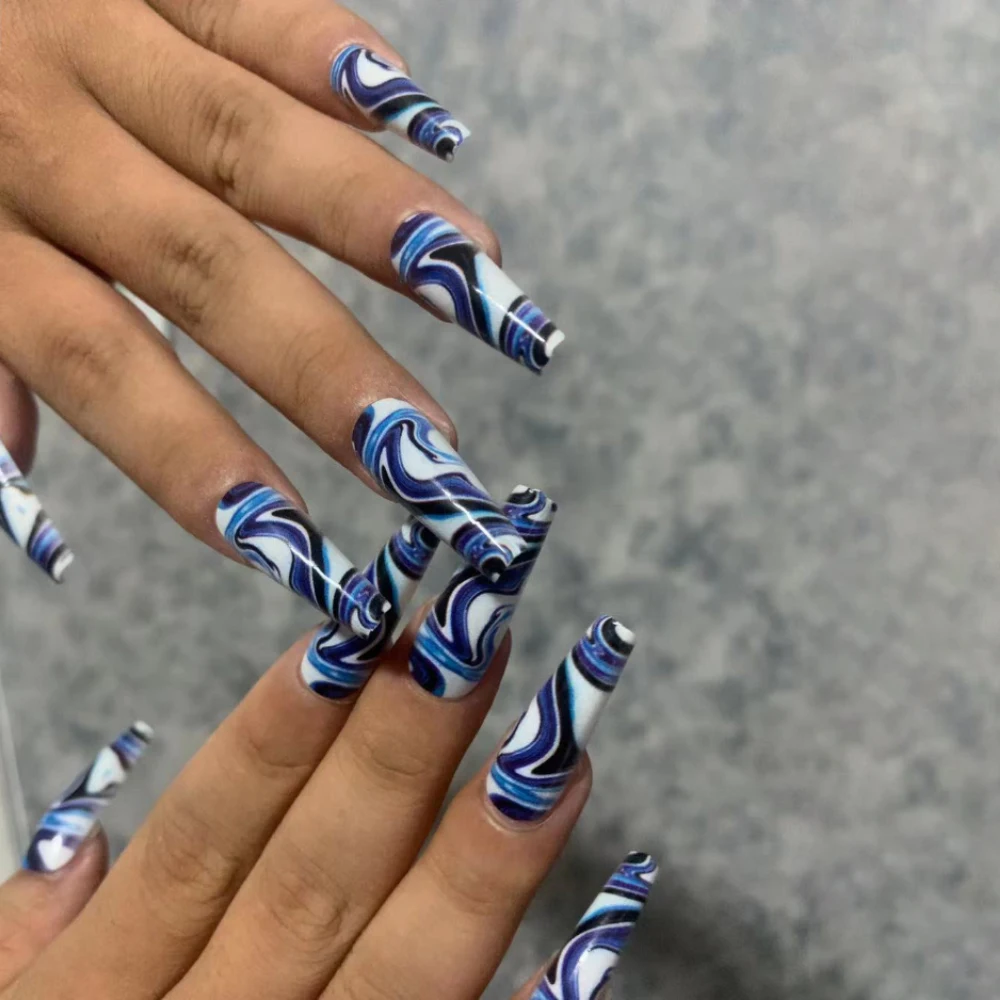 

24Pcs White Blue Purple Waves Long Ballet False Nails With Glue Oil Painting Line Design Acrylic Press On Nail Art Tips Gifts