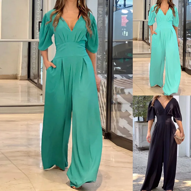 

Autumn and Winter 2023 New Women's Dress Temperament Commuter Solid Bubble Sleeves Slim Wide Leg Jumpsuit