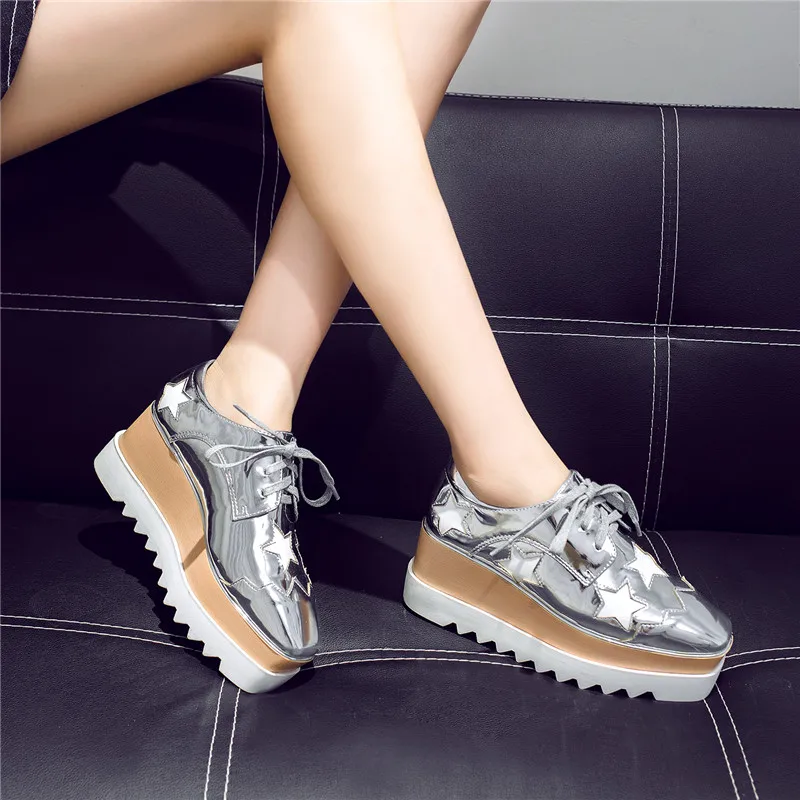 2021 Star Platform Shoes Lace-up High-heeled Square Toe Wedge Women Casual British Style Heighten Leather Winter Plush Sneakers