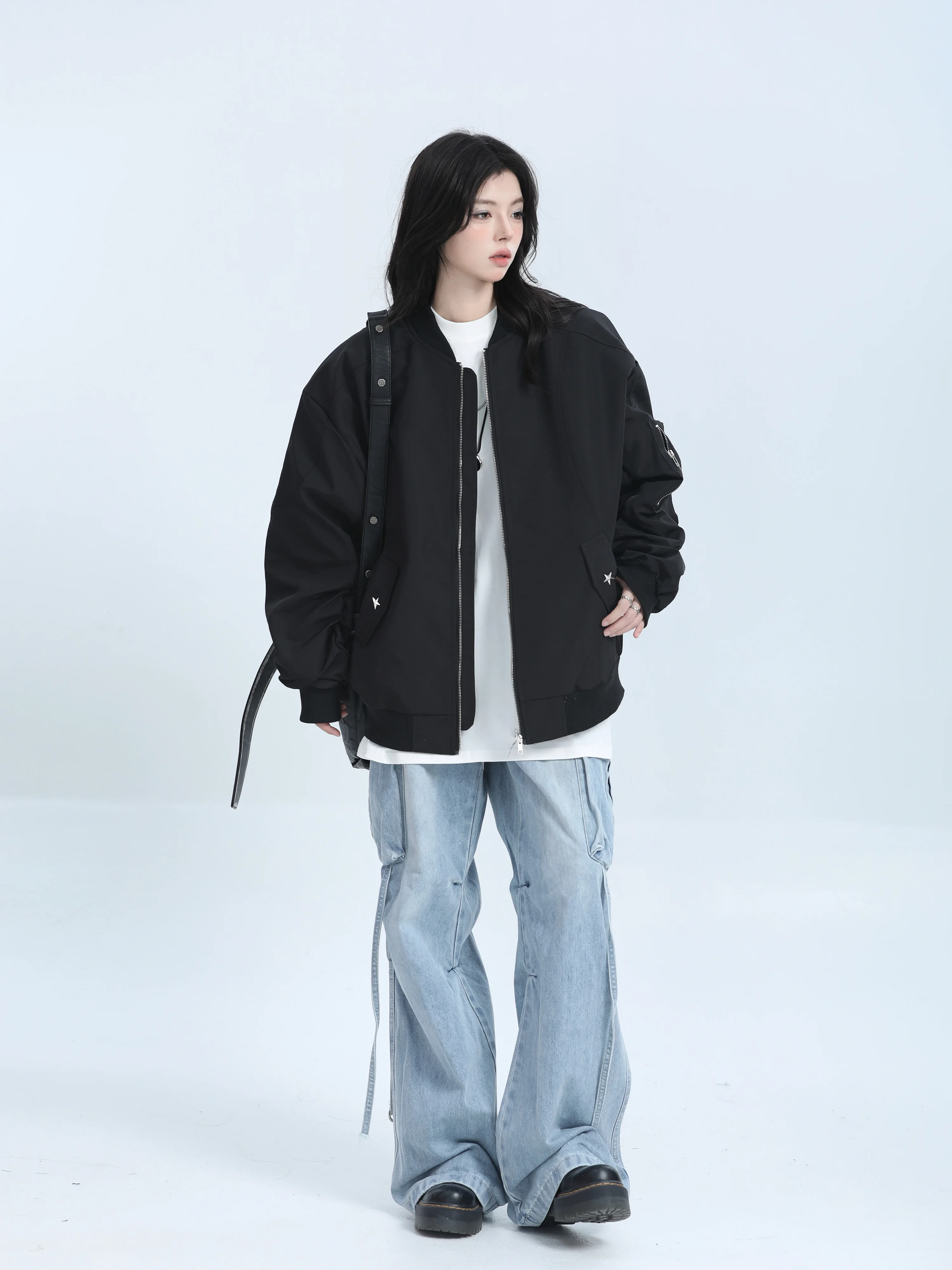 [Sitting in the Mountains] American vintage Street Baseball Uniform Jacket Women Neutral Sle Loose Zip-up Outerwear Tide