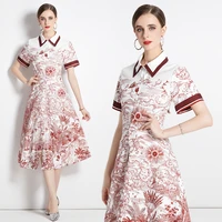 2022 summer new womens high end temperament polo neck short sleeve single breasted printed waist cardigan long swing dress