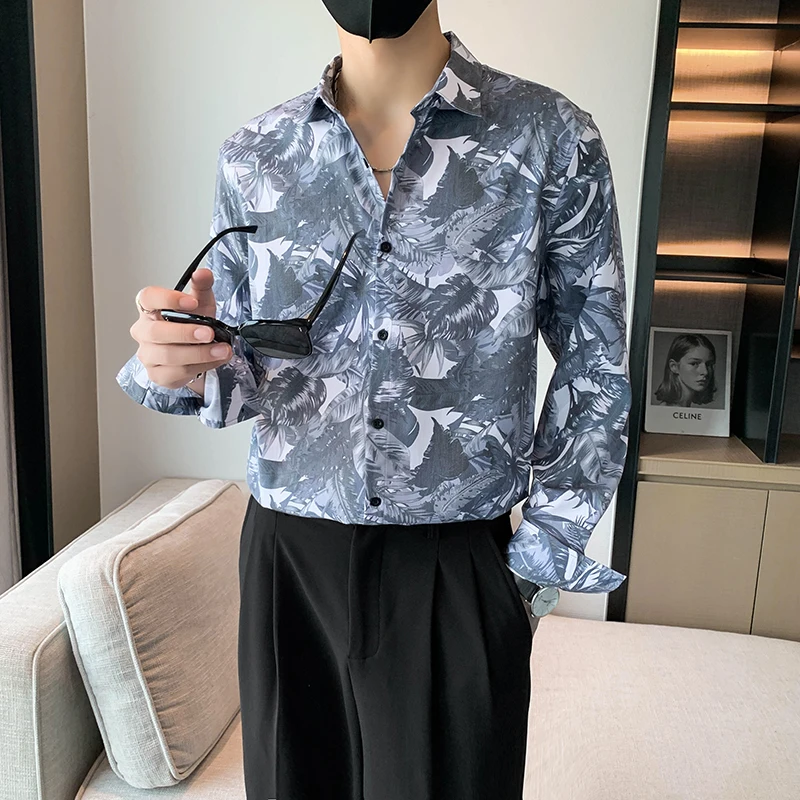 Vintage Flower Shirts Men Autumn Long Sleeve Loose Casual Business Dress Shirt Social Party Tuxedo Streetwear Camisa Masculina