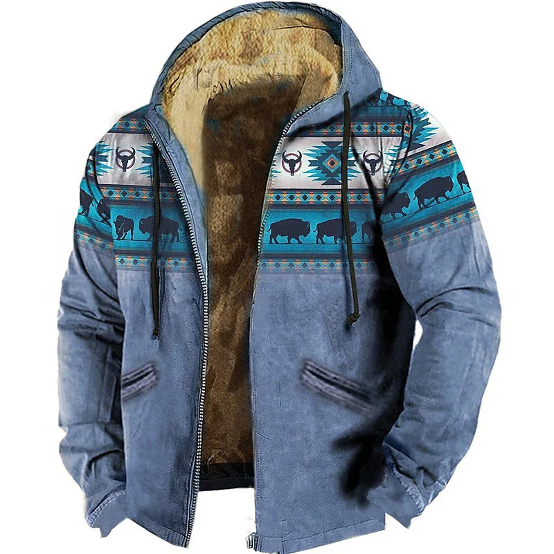 

Winter Jackets Men Zip-up Fleece Male Coats Hoodies Bullfight Atezk Ethnic Tribe Padding Parka Clothing Sweatshirts Outerwears