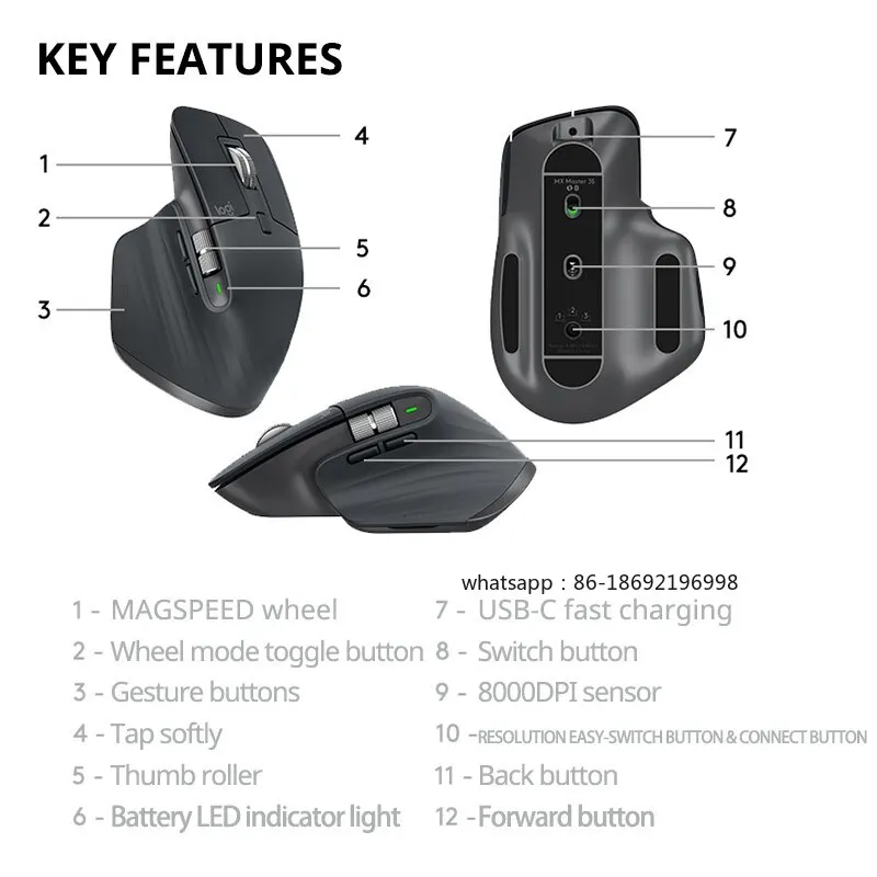 Фото Беспроводная Bluetooth-мышь MX Master 3S High End для работы с несколькими экранами и ноутбуками №3