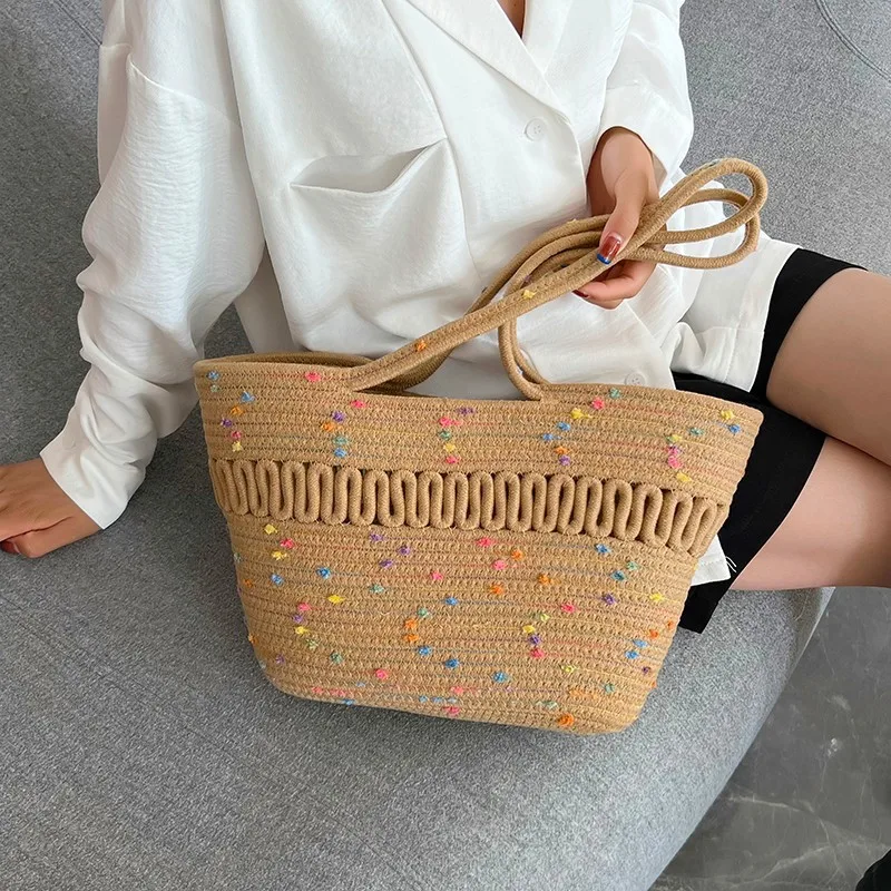 FOSIZZO 2023 New Summer High Capacity French Straw Woven Bag Beach Resort Bag Women's Shoulder Hollow Cotton Thread Woven Bag