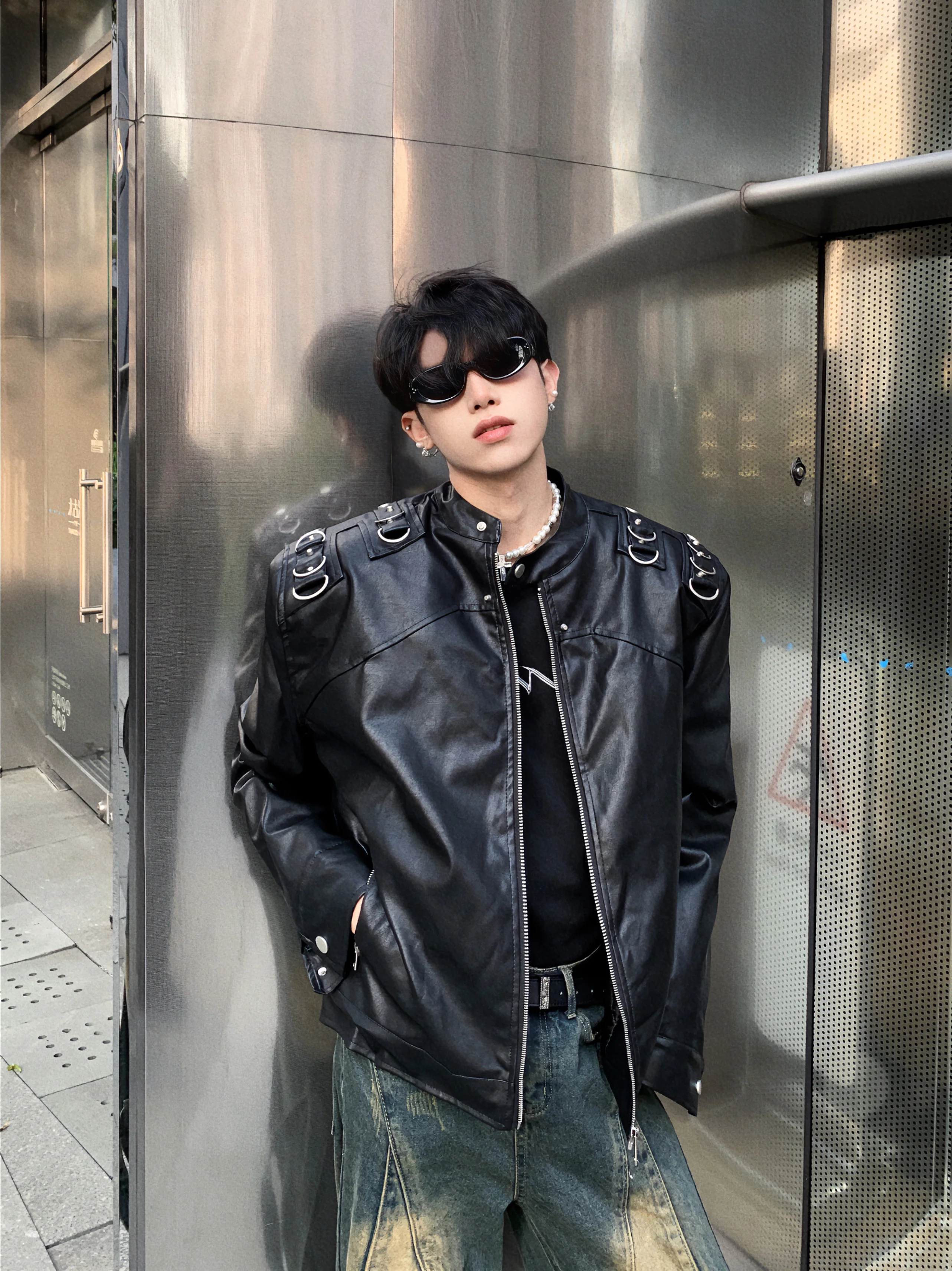 0H Studios/American vintage Distressed Shoulder Pad Motorcycle Leather Coat Outerwear Men's Design Sense Quilted Crop jacket