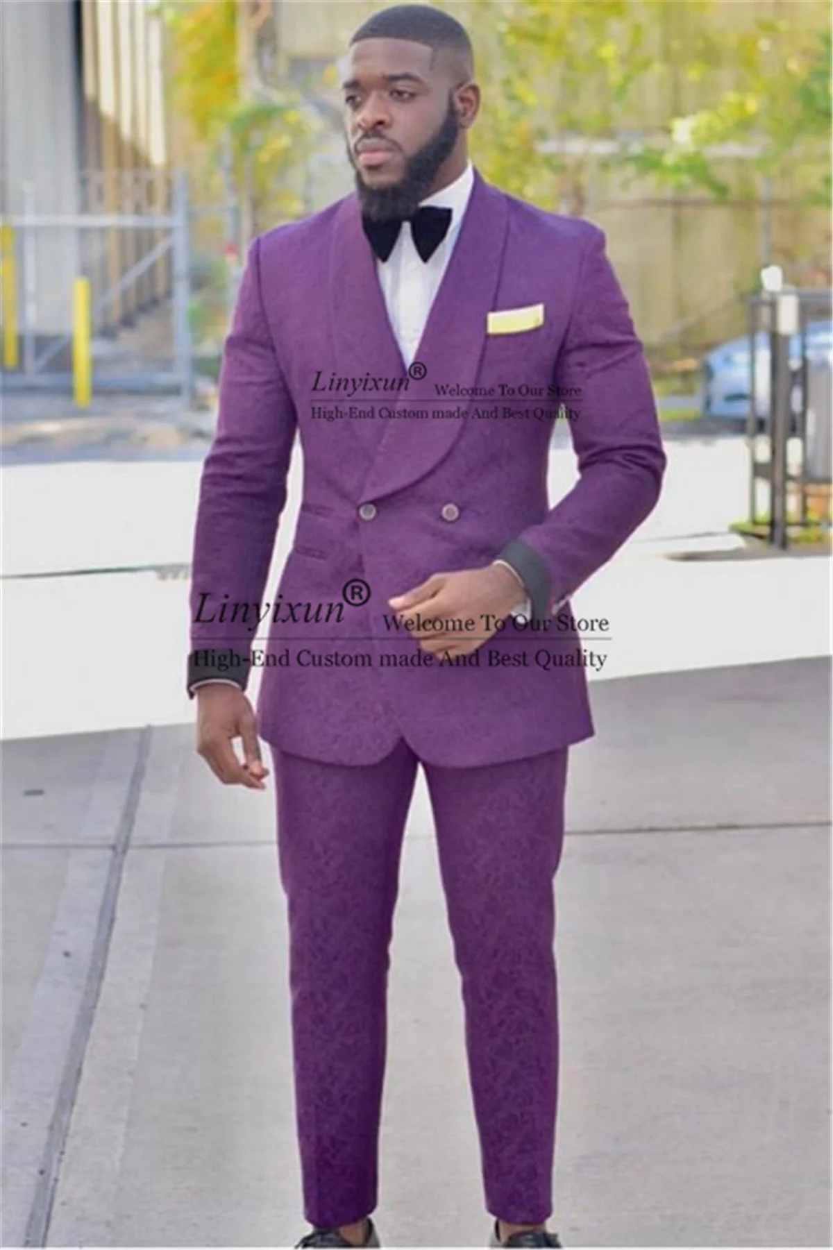 

Fashion Purple Jacquard Men Suits Groom Wedding Tuxedos 2 Pieces Set Blazers Pants Business Formal Male Outfit Costume Homme