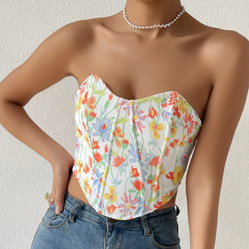 

Printed Top Women Sleeveless Vest Open-back Tie Wrap Chest Sexy Fishbone Corset Sexy Tank Tops Female