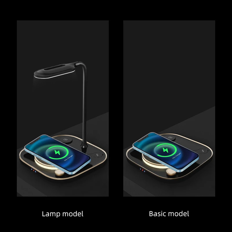 Фото Беспроводная зарядная станция 4 в 1, светодиодная настольная лампа для iPhone 8-13 всех серий, Huawei, Xiaomi, Oppo, One Plus, Apple Watch, Apple, наушники №5