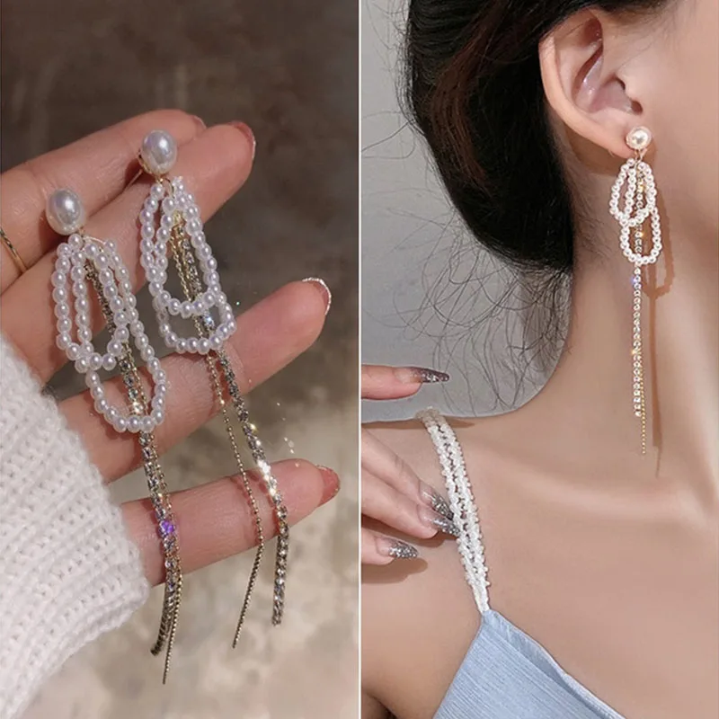 

2022 New Fashion Simulation Pearl Long Earrings Ladies Personality Trend Pearl Tassel Wedding Engagement Jewelry