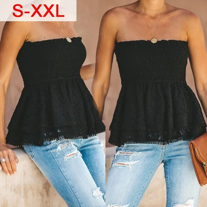 

2021 Sexy Women's One-word Collar Wrapped Chest Short Sleeveless Stitching Top Casual Lace Graphic T Shirts Summer Large