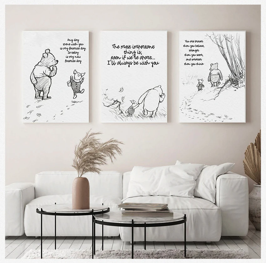 

Художественная картина из мультфильма черная белая картина для детской комнаты настенный художественный Декор Винни Пух цитаты Холст Плак...