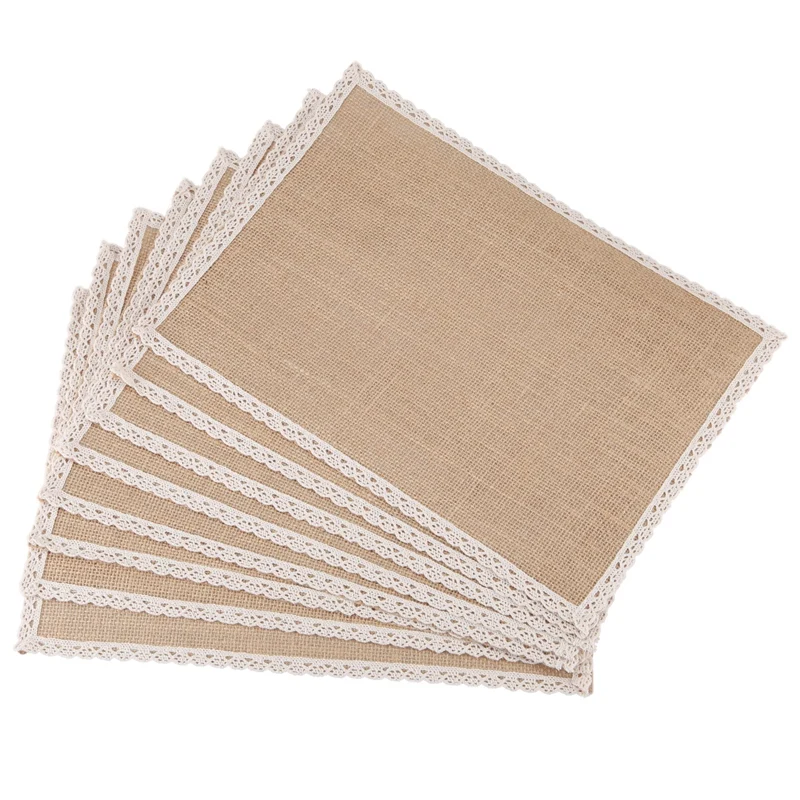 

8Pcs Linen Table Mat Lace Placemat Set Natural Woven Tableware Mat Wedding Party Decoration