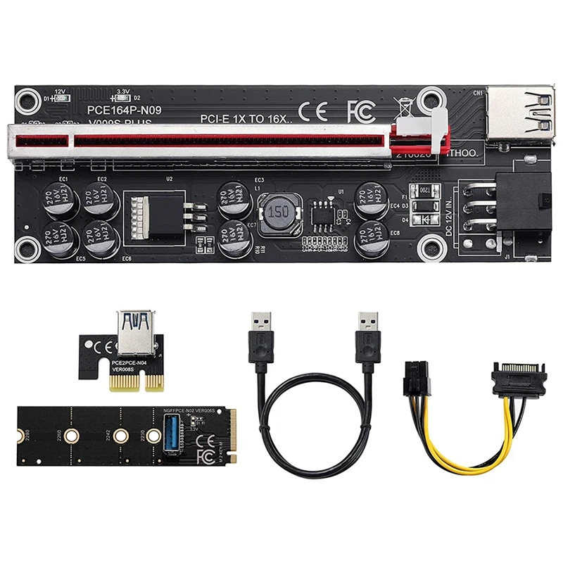 

V009S-PLUS PCIE Riser 1X To 16X Riser Card - GPU Riser With M.2 Key-M To PCI-E X1 NGFF Slot NVME Riser Card