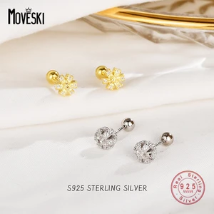 MOVESKI 925 Sterling Silver Sparkling Crystal Flower Stud Earrings Women Sweet Romantic Wedding Bridal Gift Jewelry