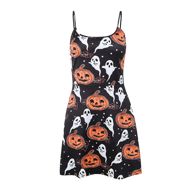 

Halloween Pumpkin Print Dress Vintage Women Spaghetti Strap Runway Sundress Gothic Sexy Y2K Party Sling Dress Festive Clothing