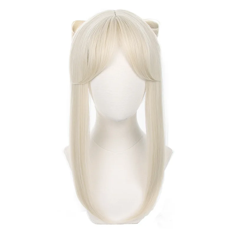 Game Genshin Impact Ningguang Pizza Hut Cosplay Wig Beige 50cm Wigs with Bow Heat Resistant Synthetic Halloween Hair Wig