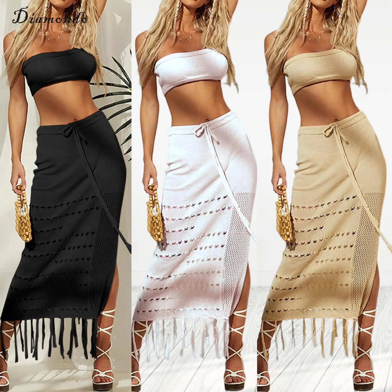 

Women Bikini Blouse Top Long Skirt Navel Exposed Tassels Hem Strapless Top Bodycon Skirt Solid Color Y2K Style Casual Daily Suit