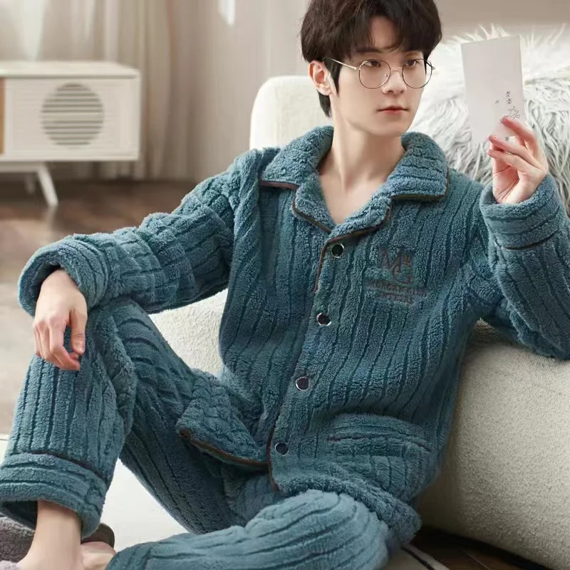 Men's Pajama Sets Winter Warm Thick 2 Piece Set Flannel Sleepwear Loose Long Sleeve Solid Color Homewear Homeclothes