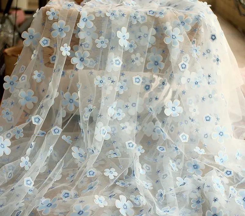 

2Yards 150cm wide Blue Three-dimensional Flower Embroidery Fabric Children's Fabric Wedding Dress wedding Decoration Lace Trim