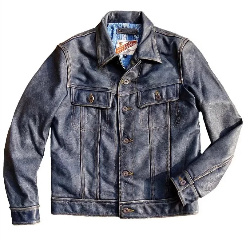 Бесплатная доставка. Весеннее винтажное кожаное пальто цвета индиго в 101 стиле.