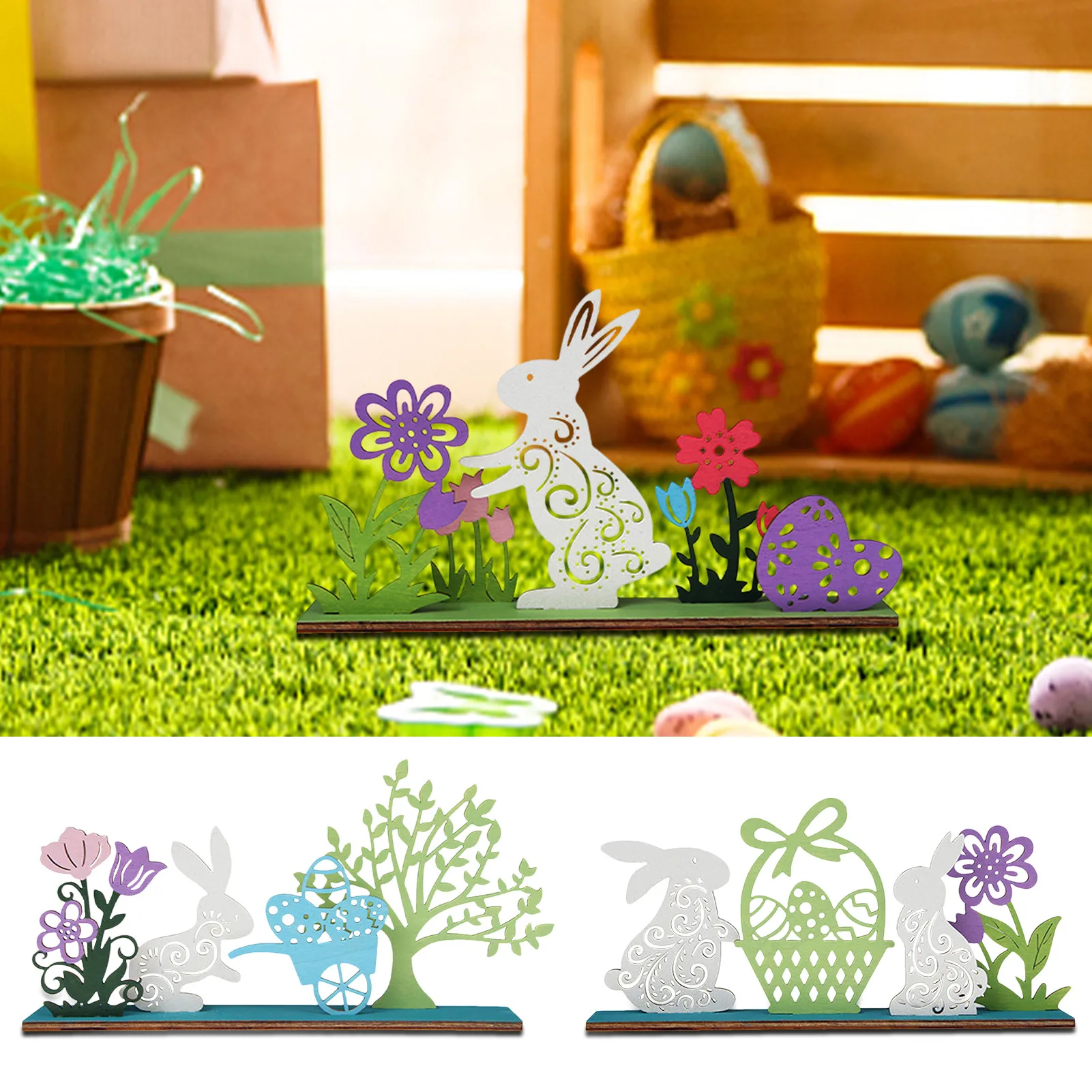 

Easter Rabbit Desktop Ornaments Wooden Easter Bunny Eggs Figurines Tabletop Ornaments Party Easter Spring Decoration
