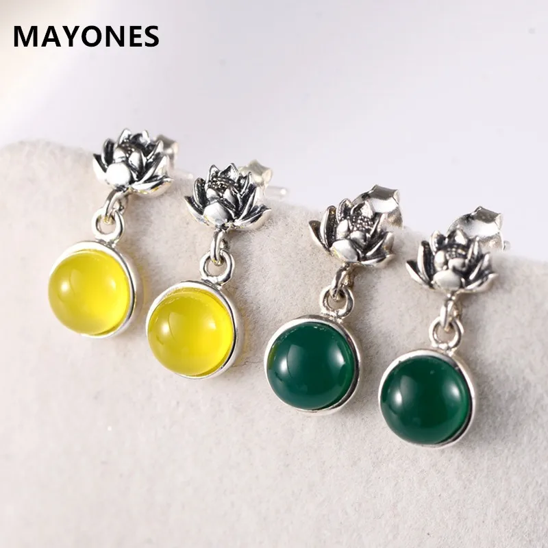 

925 Sterling Silver Jewelry SimpleRestoring Ancient Ways Lady Chinese wind Lotus Chalcedony Green Agate Eardrop Yellow Earrings