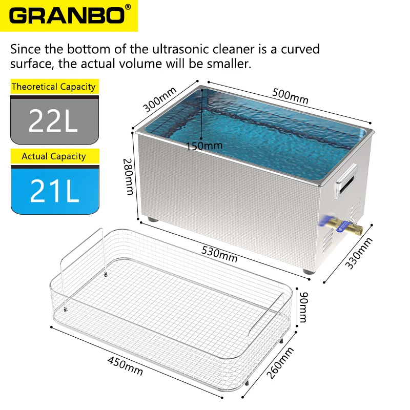 Фото Ультразвуковая цифровая мойка Granbosonic 22 л с импульсной высокочастотной технологией 40/68/80/120 кГц, бесшумная конструкция для очистки оборудования №5