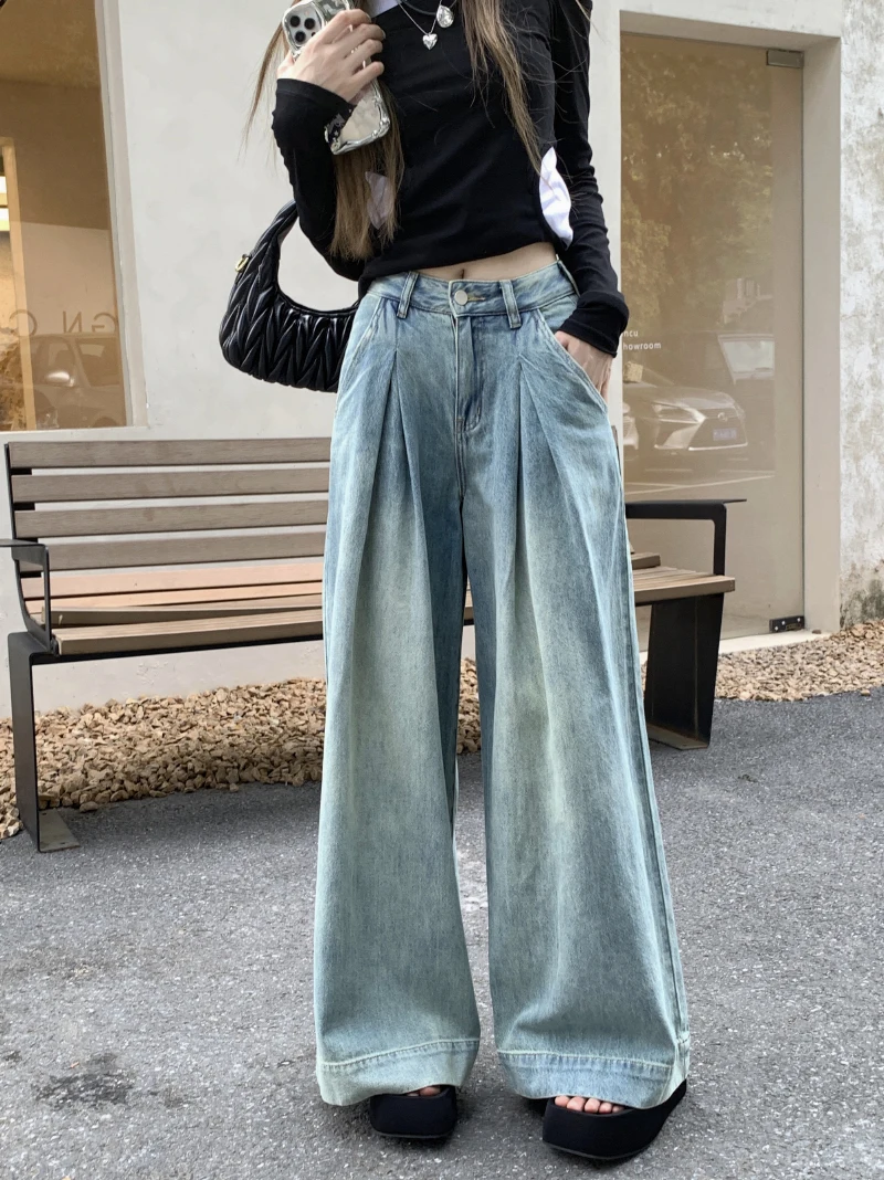 

Rockulzzang Loose Straight Denim Pant Women Jeans with Pleated [vintage streetwear harajuku y2k clothing baggy wide leg korean]