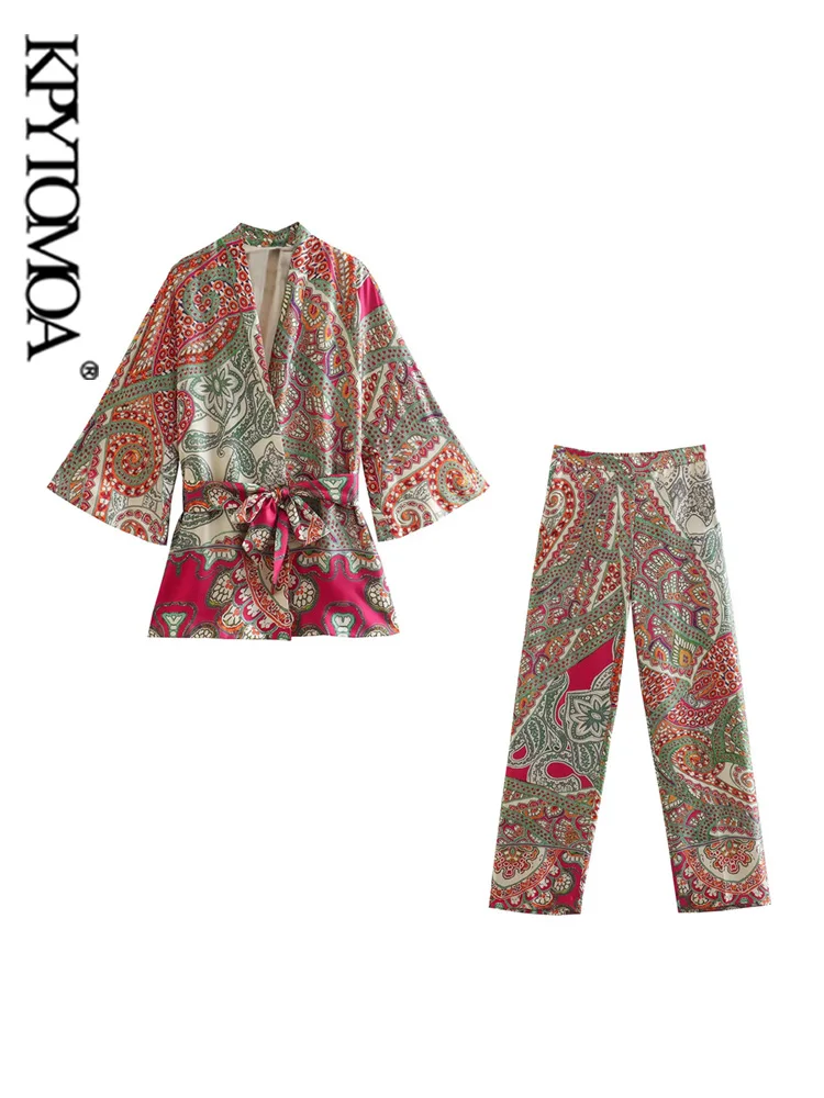 

KPYTOMOA Women Fashion With Belt Printed Kimono Blouses And High Elastic Waist Straight Pants Female Two Piece Sets Mujer