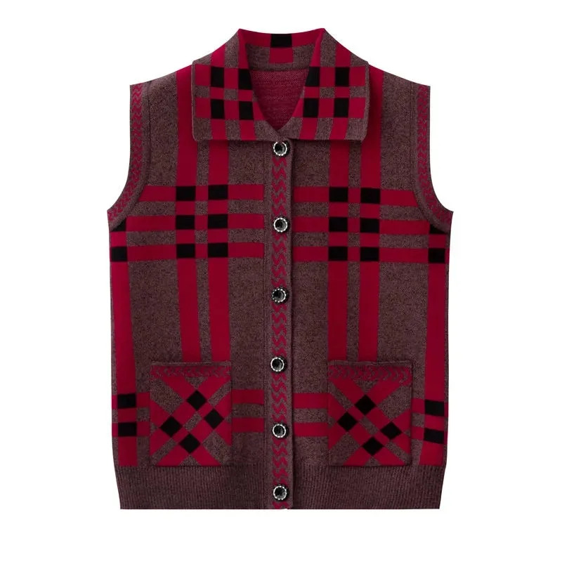 Вязаные свитера жилет для пожилых мам среднего возраста клетчатый кардиган без
